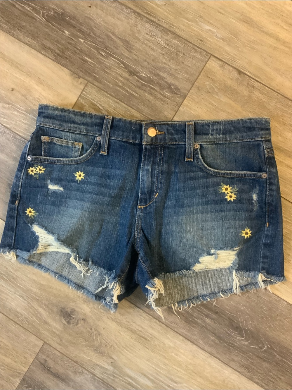 Joe's Jeans Blue Denim Cutoff Shorts with Yellow Sunflower Embroidery